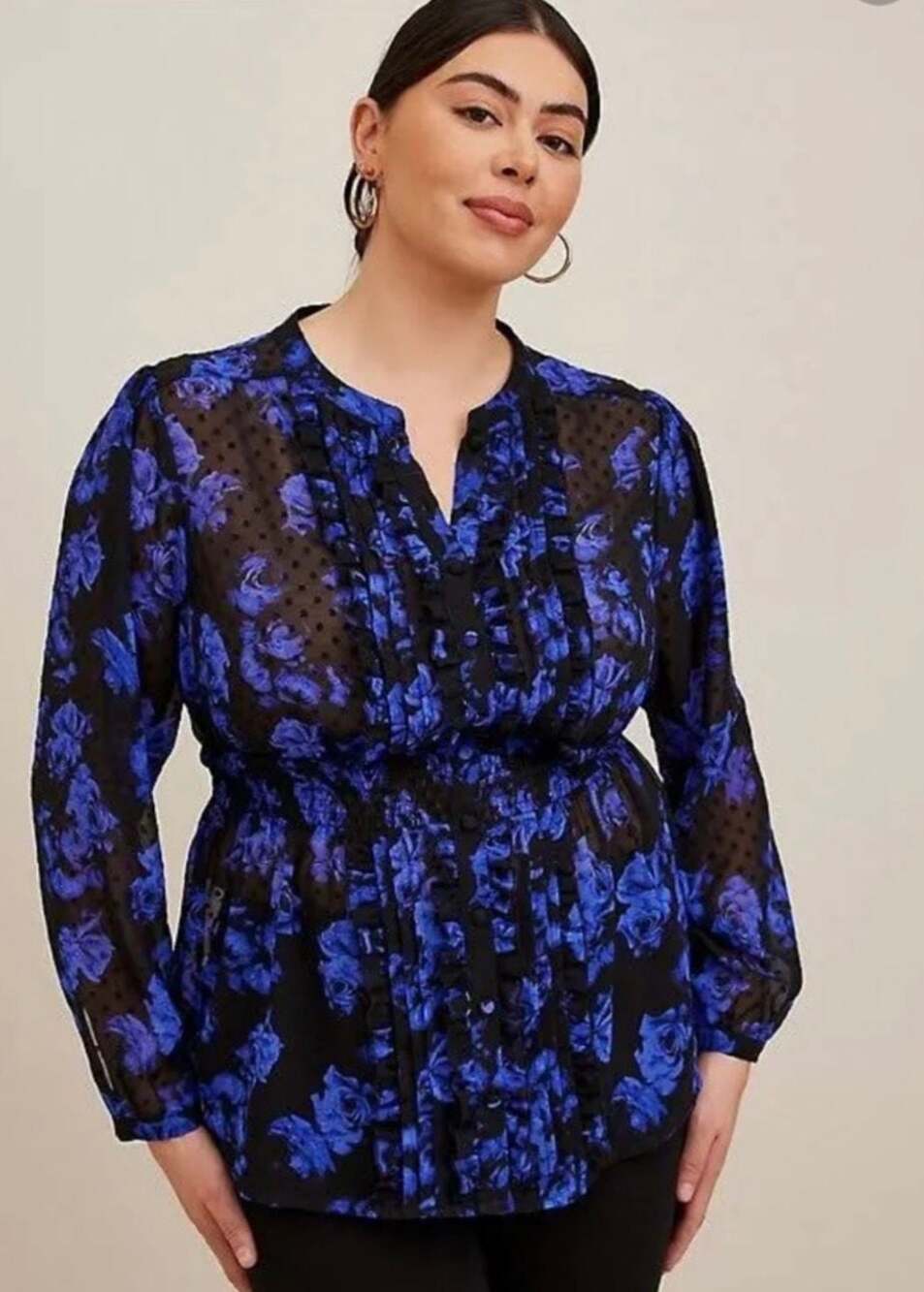 Torrid Blue Floral Swiss Dot Ruffle Button-Front Blouse Size 1